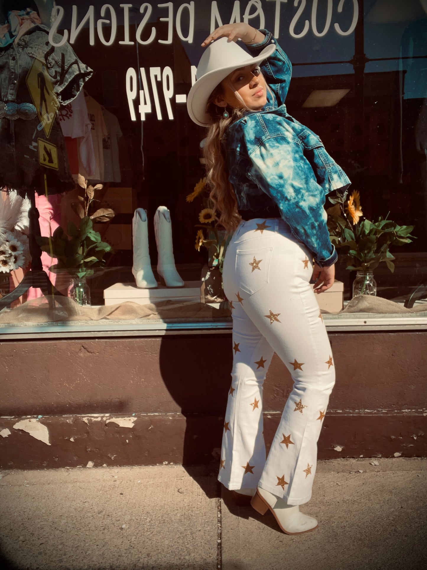 Gold Glitter Star White Flare Pant