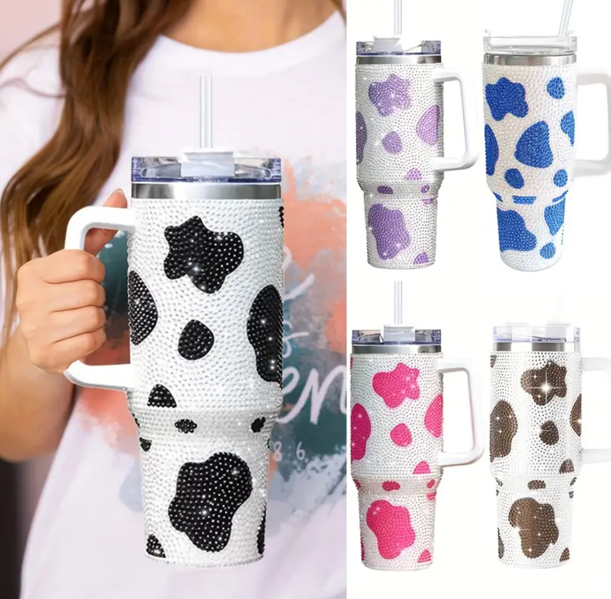 40 oz Cow Print Rhinestone Tumbler