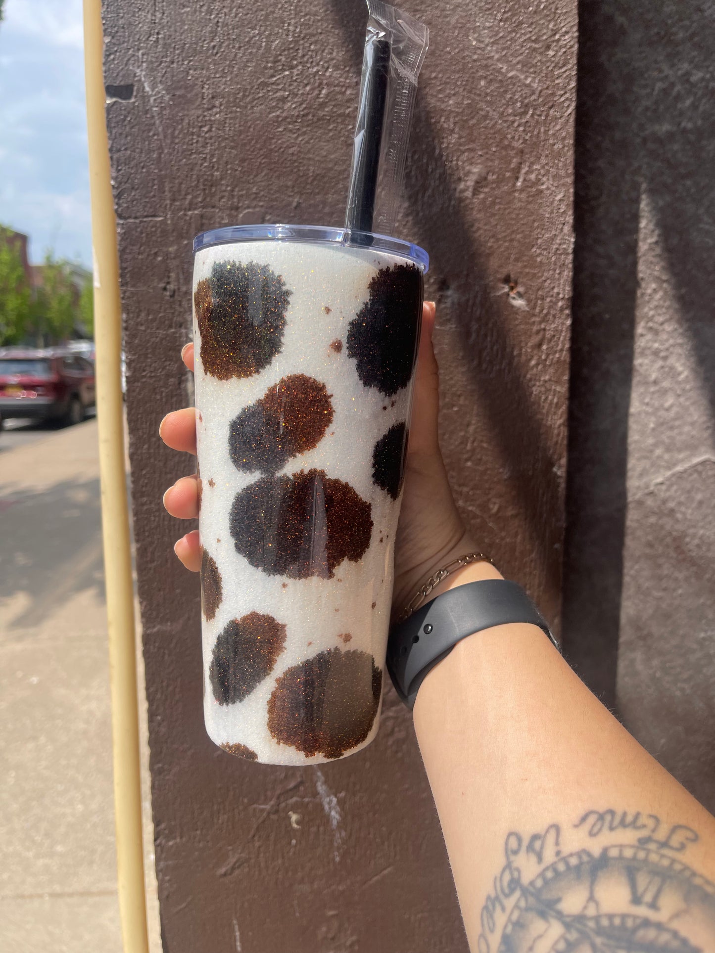 Cow Print Glitter Tumbler